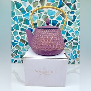 PURPLE CAST IRON with GOLD accents teapot w/ lid and loose leaf tea strainer.